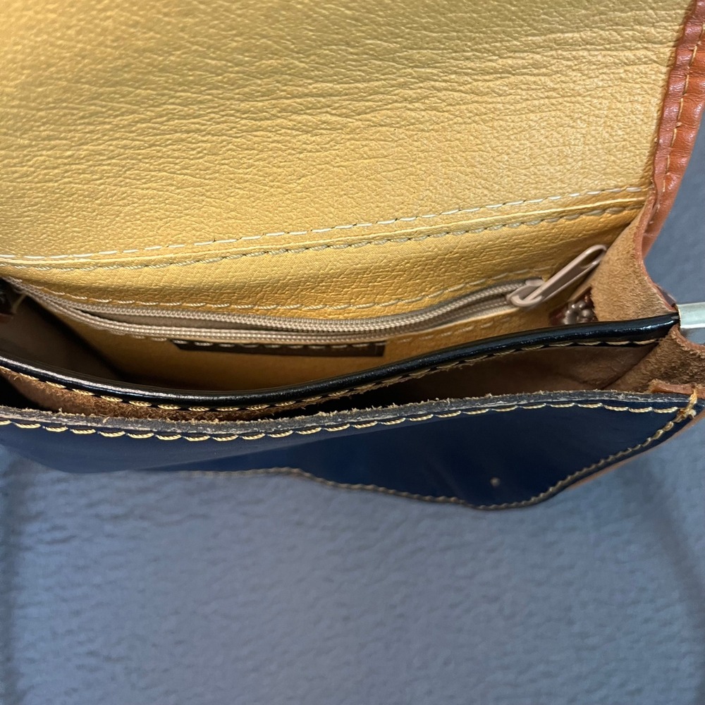 Vera Pelle Italian Multi Colorblock Leather Saddle Crossbody Bag Brown Blue Sm - Picture 7 of 10